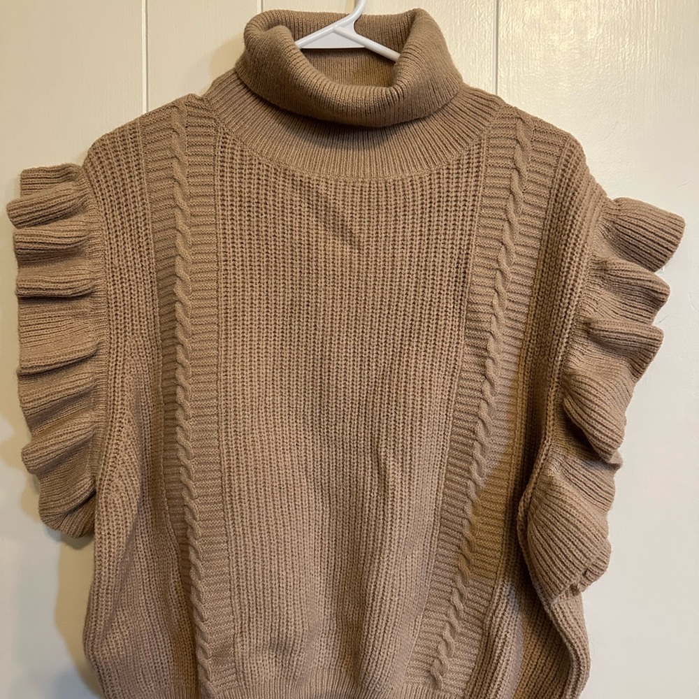 NWT Gaudi Tan Turtleneck Sweater with Ruffled Sleeves